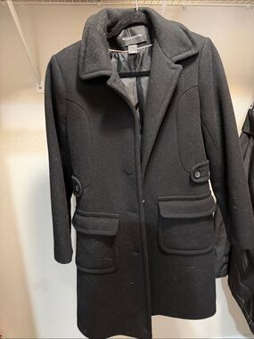 Black Wool-Blend Pea Coat with Button Waist Tabs